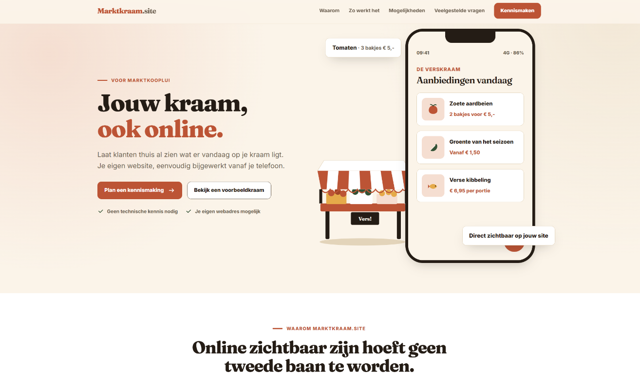 Marktkraam.site homepage for market traders, shown on desktop and mobile